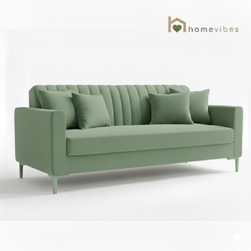 Image of 3 Seater Velum Fabric Sofa Set for Living Room, Modern Design with High Density Foam, Solid Wood Frame, Ergonomic Comfortable Seating for Home & Office (Frosty Green, 3 Seater) | Soft foam comfort, Strong wood frame
