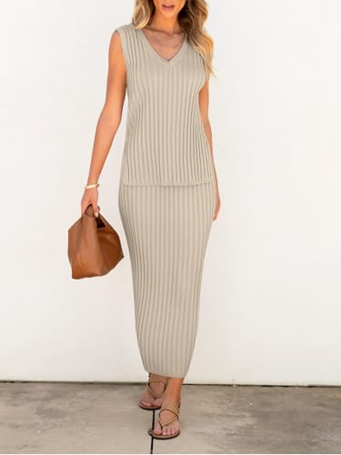 Image of Women's 2 Piece Outfits Summer Sweater Skirt Sets Casual Sleeveless V Neck Ribbed Vest Knit Tops Midi Dress