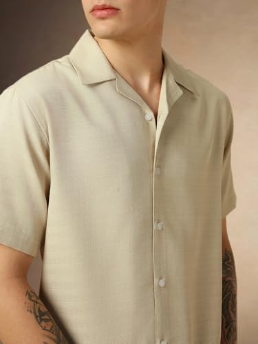 Image of Dennis Lingo Men's Half Sleeve Cuban Collar Solid Textured Relaxed Fit Casual Shirt