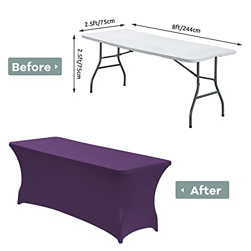 Image of CWK 8FT Waterproof Stretch Spandex Table Cover for Rectangular Tables - Elastic Fitted Tablecloth for Folding Tables,Wrinkle Resistant Table Cloth for Parties, Weddings, Banquets & Events (Dark Puple)