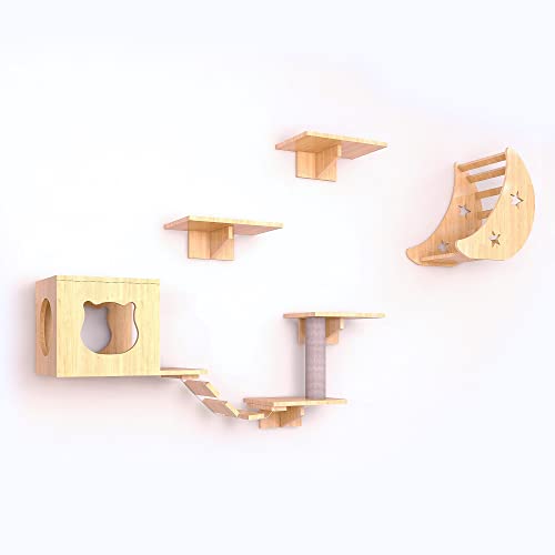 Cat Wall Furniture, Cat Wall Shelves, Mounted Indoor Cats Furniture Solid Wood For Cat Sleeping Playing Lounging Climbing, 2 Cat Houses & 4 Cat Shelves & 1 Ladders & 1 Cat Scratching Post #TOP4