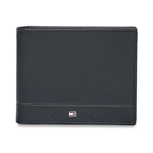 Image of Tommy Hilfiger Men's Leather Wallet Colatina | Solid Black Bi-Fold with Global Coin Pocket, 4 Card Slots | Stylish Purse for Gents