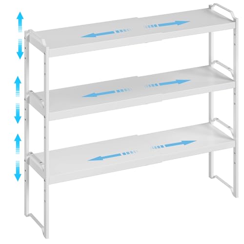 Image of 3 Pack Kitchen Cabinet Organizer Shelf, Stackable Expandable Shelves Organizers For Kitchen Cabinet Countertop Storage, Adjustable Counter Cupboard Pantry Organizer Shelf Rack Stand, Length:25.5 Inch
