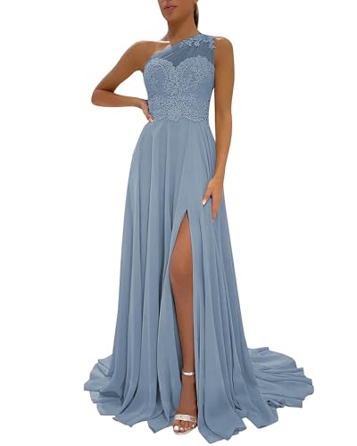 Image of One Shoulder Lace Bridesmaid Dresses Long for Wedding A-Line Chiffon Slit Formal Party Gown with Pockets