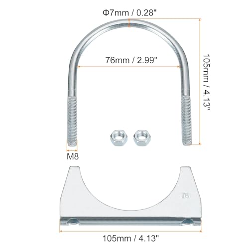 76mm Muffler U-Bolt Clamp, 2 Pack Exhaust Pipe U-Shaped Galvanized Pipe Clamp, Heavy Duty Saddle Type Exhaust Clamps for Car & Motorbike Exhaust Systems