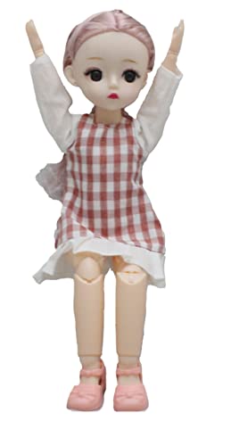 Image of Tickles Set Movable Jointed Makeup Cute Girl Brown Eyes Fashionable Doll Check Design Frock for Girls (Color: Red and White Size: 30 cm)