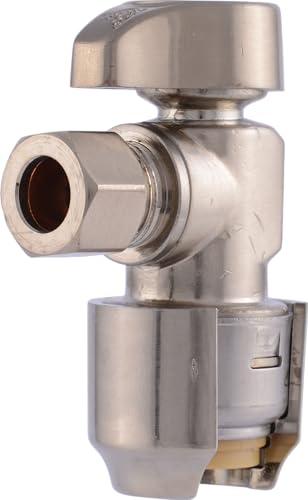 Image of SharkBite Max 1 /2 x 3 /8 Inch Compression Angle Stop Valve, Quarter Turn, Push to Connect Brass Plumbing Fitting, Brushed Nickel Finish, PEX Pipe, Copper, CPVC, PE-RT, HDPE, UR23036BN