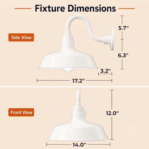 Image of 14in. White Outdoor Gooseneck Barn Light Fixture With 10in. Long Extension Arm - Wall Sconce Farmhouse, Antique Style - UL Listed - 9W 900lm A19 LED Bulb (5000K Cool White) - 2-Pack