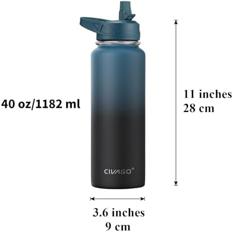 CIVAGO 40 oz Insulated Water Bottle With Straw, Stainless Steel Sports Water Flask Cup with 3 Lids (Straw, Portable Spout and Handle Lid), Double Walled Travel Thermal Canteen Mug, Classic Omber Gray