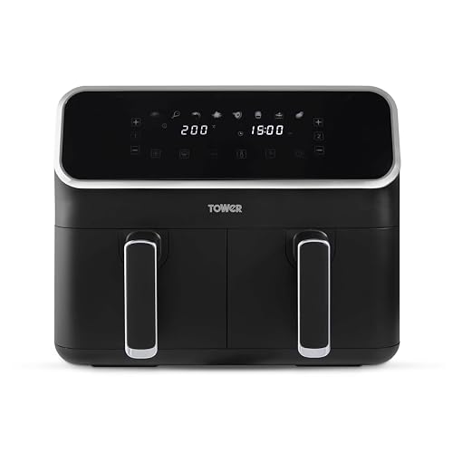 Tower T17164 Vortx Dual Basket Air Fryer with Digital Control Panel, 8 Cooking Pre-sets, Reheat & Sync Functions, 2700W, 8L, Black