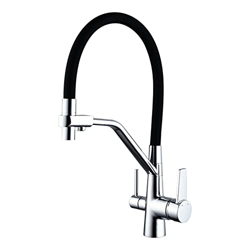 XHALERY Grifos de cocina, grifo de manguera flexible de silicona negra, doble palanca, extraíble, grifo mezclador de cocina, acabado cepillado