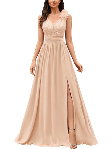 Miusol Women's Vintage V-Neck Sleeveless Sequined Split Formal Evening Maxi