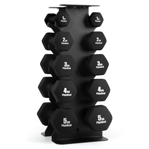 PhysKcal 30kg All Black Dumbbells Set of 5 Pairs with Storage Rack