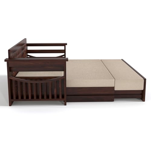 Image of Mamta Furniture Solid Sheesham Wood Sofa Set 3 Seater Furniture Wooden 3 Seater Sofa Cums Bed for Home Living Room with Cushions (Walnut with Cream, 3 Seater Design 1)
