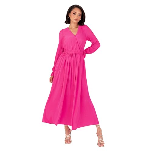 Lovedrobe Women's Midaxi Dress Ladies Wrap V-Neck Long Sleeve Ruffle Cuff A-line Plissé Evening Occasion Wedding Guest, Fuchsia Pink 38