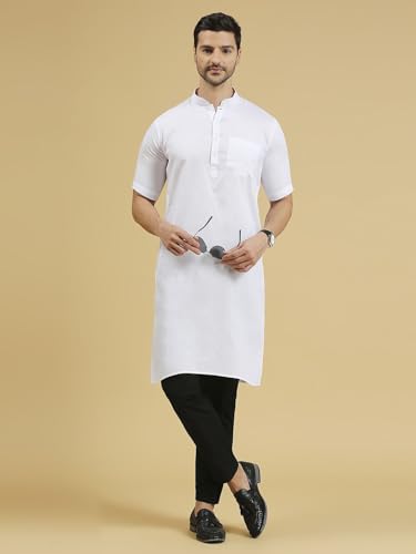 Image of Rajubhai Hargovindas Men's Pure Cotton Woven Design Half Sleeve Kurta