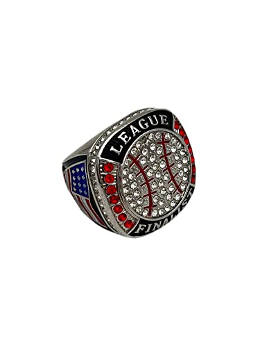 Discount Sports Rings BALL LEAGUE FINALIST RING — SILVER BODY, CLEAR STONES, RED LACES Item 5-31, Clear,Silver