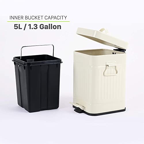 Image of Bathroom Trash Can with Lid, Small Garbage Bin for Home Bedroom, Retro Step Wastebasket with Soft Close, Vintage Metal Office Trash Can, 5 Liter / 1.3 Gallon, Ivory White
