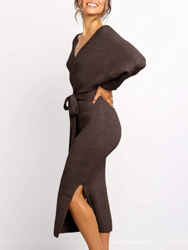 Image of Chang Yun Women's Long Maxi Sweater Dresses Sexy Wrap Batwing V Neck Slit Open Back Holiday Bodycon Dress with Belt