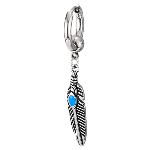 Mens Womens Stainless Steel Huggie Hinged Hoop Earrings, Dangling Feather Leaf with Turquoise2