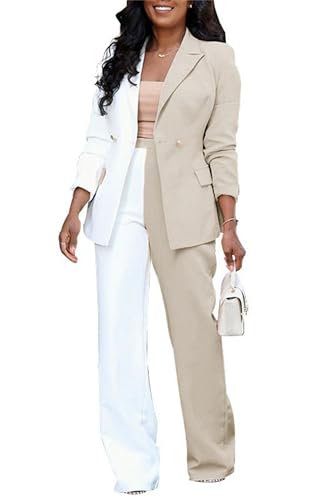 Women Blazer and Trousers Set ​Casual Office 2 Piece Outfits ​Color Block Business Suits Color Block Suit Set