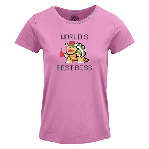 T-Shirt Retro Gaming Femme Col Rond World's Best Boss Mascotte Méchant 80's