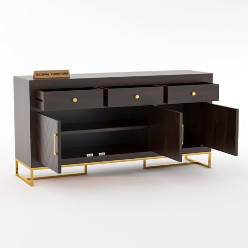 Image of Solid Sheesham Wooden Sideboard Cabinet with 3 Drawer & 3 Shelves - Chest of Drawers Wooden Drawer Storage Cabinet for Bedroom Living Room Storage (Walnut Finish)