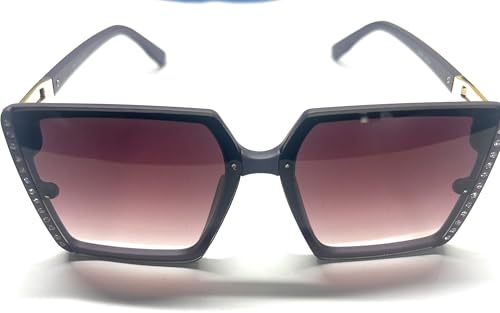 Image of Oversized Square Sunglasses with Crystal Embellishments, Black Frame, Gradient Brown Lens