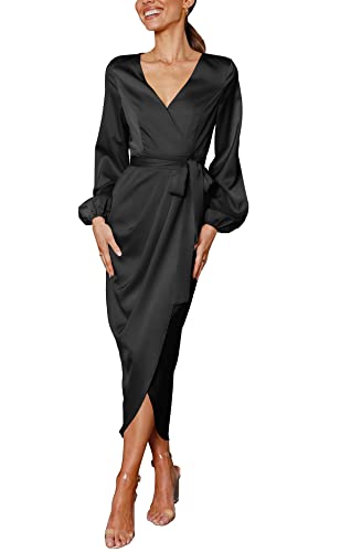 Womens Formal Dresses Deep V-Neck Long Sleeve Tie Waist Split Satin Dress Black L #TOP4