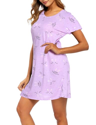 Image of ENJOYNIGHT Womens Cotton Nightgown Short Sleeve Sleepshirt Print Nightshirt | Short-Sleeve Crew Neck, Soft Cotton Fabric, Cartoon Printed Sleep Shirt, Loose Fit