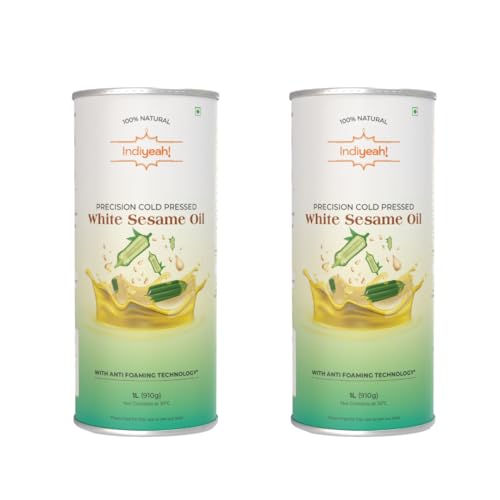 Image of Indiyeah Cold Pressed White Sesame Oil - 100% Pure and Unrefined, Naturally Cholesterol-Free | Enriched with Vitamin E and K | Rich Aroma & Flavor of Real Sesame Seeds | No Foaming | Ideal for Daily Cooking and Multipurpose Usage | A1 Grade Sesame Seeds | Cold pressed Gingerly Oil | Til Ka Tel |Purity in Every Drop | Heart-Healthy Cooking Oil | (2L TIN, 2, count)