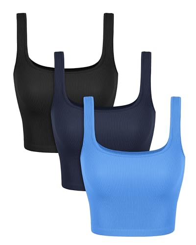 ODODOS 3-Pack Seamless Square Neck Crop Tank for Women Ribbed Knit Soft Low Back Cropped Tops, Long Crop Length, Black+Navy+Blue, X-Large/XX-Large