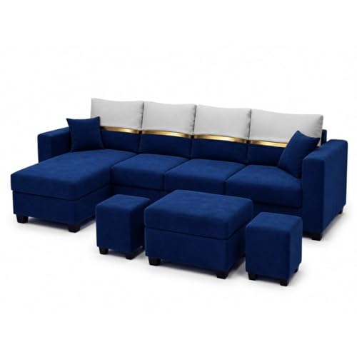 Image of Furny Arvea 8 Seater Fabric LHS L Shape Sofa Set with 1 Centre Table & 2 Puffy (Blue) | Soft Velvet Fabric | Modern Design | Comfortable Seating | Living Room Furniture