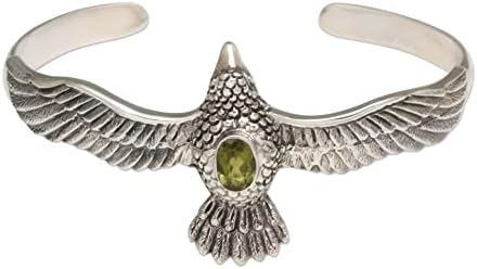 NOVICA Handmade 925 Sterling Silver Eagle Cuff Bracelet with Peridot Hawk Motif - Stylish Silver Arm Cuff Jewelry for Women, Spirit Hawk'