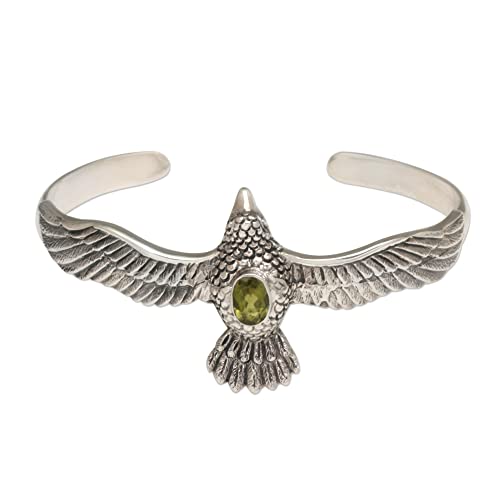 Novica Handmade 925 Sterling Silver Eagle Cuff Bracelet With Peridot Hawk Motif - Stylish Silver Arm Cuff Jewelry For Women, Spirit Hawk' #TOP20