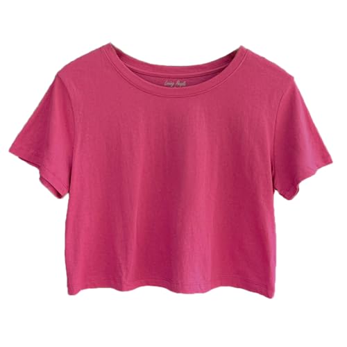 Image of Womens 100% Cotton Crop Tops Short Sleeve Crewneck Loose Fit Basic Tee Summer Casual Workout T-Shirt Fashion Clothes