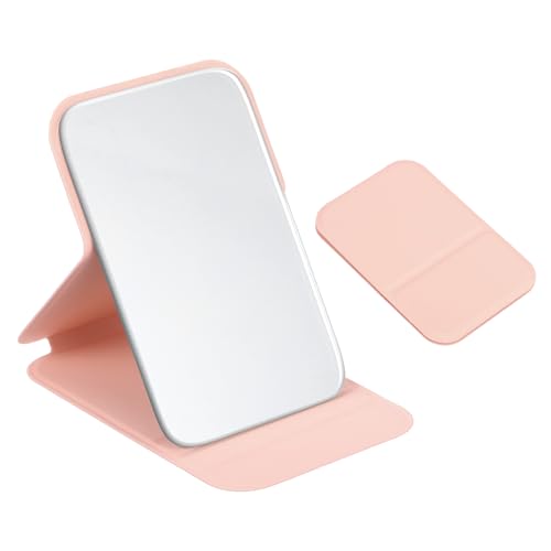 QUARKZMAN 2PCS Espejo Plegable Mini De 4.3', Pequeño Espejo De Maquillaje Portátil con Soporte Ajustable, Espejos De Mano De Cuero PU para Mujeres Viajes Hogar Bolsillos (Rosa)