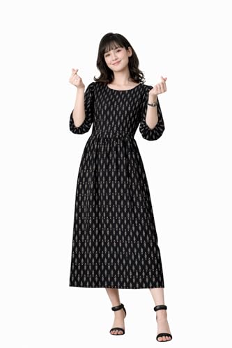 Image of Ichaa Women's Blue Cotton Printed Maternity Dress with Feeding Zips and Pocket| in Plus Sizes