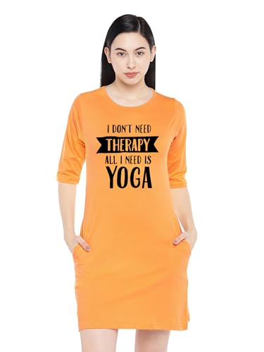 Image of STATUS MANTRA Women's Long T-Shirt Dress - Cotton Casual Knee Length Dress with 3 /4 Sleeves | Soft Bio-Washed Fabric, Crew Neck, Relaxed Fit | Comfy Summer Lounge Wear