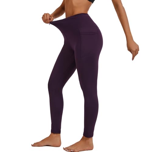 AMYTIS Gym Leggings for Women UK Stretch Soft Yoga Pants for Women Tummy Control Workout Sports Leggings with Pockets Deep Purple