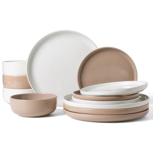 Image of Famiware Milkyway Plates and Bowls Sets, 12 Pieces Stoneware Dinnerware Sets, Dishes Set for 4, White & Cinnamon Brown
