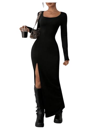 Floerns Women's Long Sleeve Pencil Dress Scoop Neck Slit Hem Bodycon Long Dress