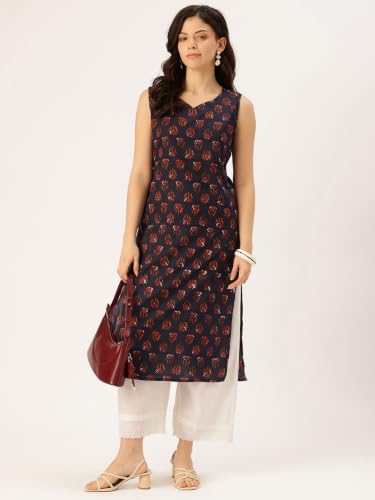Image of feranoid Women's Pure Cotton Floral Print Straight Kurti | Elegant Curved V-Neck | Sleeveless Calf-Length Ethnic Wear | Comfortable Regular Fit | Sizes XS-XXL