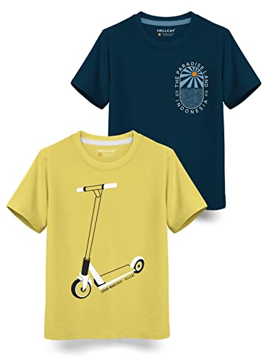 Image of HELLCAT Trendy Typographic Printed Cotton Blend Half Sleeve T-Shirt for Boys - Pack of 2