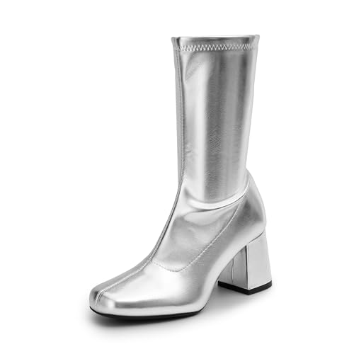 DREAM PAIRS Women's Mid Calf Gogo Boots Low Block Heel Square Toe Ankle Boot with Zipper for Party Cosplay Dance 6 Metallic Silver