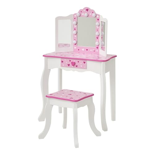 Image of Teamson Kids - Sweethearts Print Gisele Medium Vanity - White /Pink | LED Lights, Tri-Fold Mirror, Stool & Drawer, Pretend Makeup Table, Ages 3+
