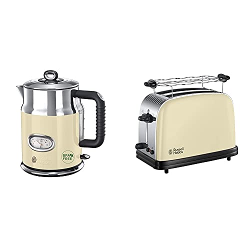 Russell Hobbs Wasserkocher, Retro creme, 1,7l, 2400W, Schnellkochfunktion, Wassertemperaturanzeige im Retrodesign & Toaster Colours+ creme, 2 extra breite Toastschlitze, inkl. Brötchenaufsatz