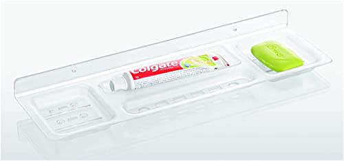 Image of Transparent Heavy Duty 16-Inch Wall Mount Shelf with Soap Dish /Shelf & Toothbrush Holder | ABS Plastic Bathroom & Kitchen Organizer | Durable, Space-Saving & Stylish (Pack of 2)