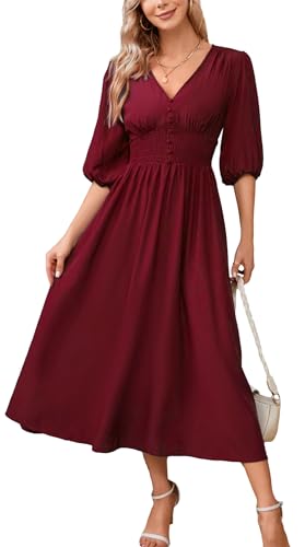 Image of Kormei Women Casual Boho V Neck 3 /4 Sleeve Smocked Waist A Line Flowy Swing Midi Dress Smocked Long Dress