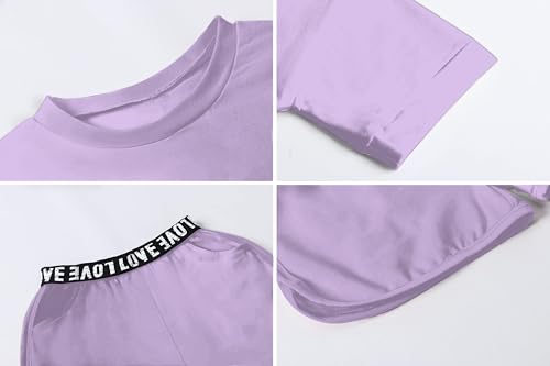 Image of Betusline Girls Summer 2 Piece Outfits,Kids Short Sleeve Crop Top & Shorts Set with Side Pockets